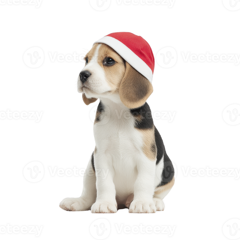 Cute beagle puppy wearing red Santa hat sits adorably, showcasing its playful and festive spirit. puppy soft fur and curious expression add to its charm png