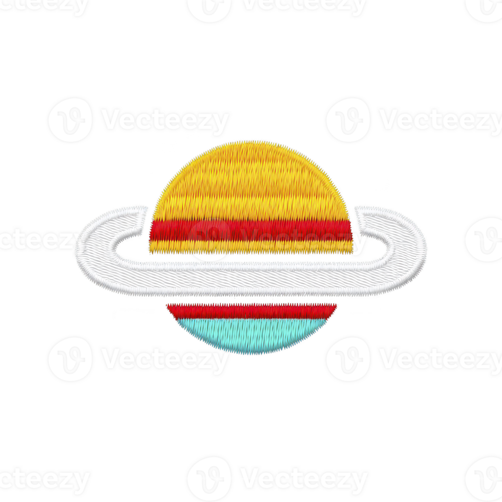 Colorful embroidered design of planet with rings, resembling Saturn, features vibrant stripes in yellow, red, and blue against transparency background, creating striking visual png