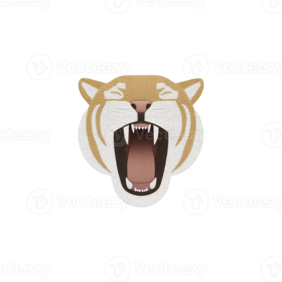 Stylized illustration of roaring tiger head with open mouth, showcasing sharp teeth and fierce expression. design features bold lines and minimalist color palette png