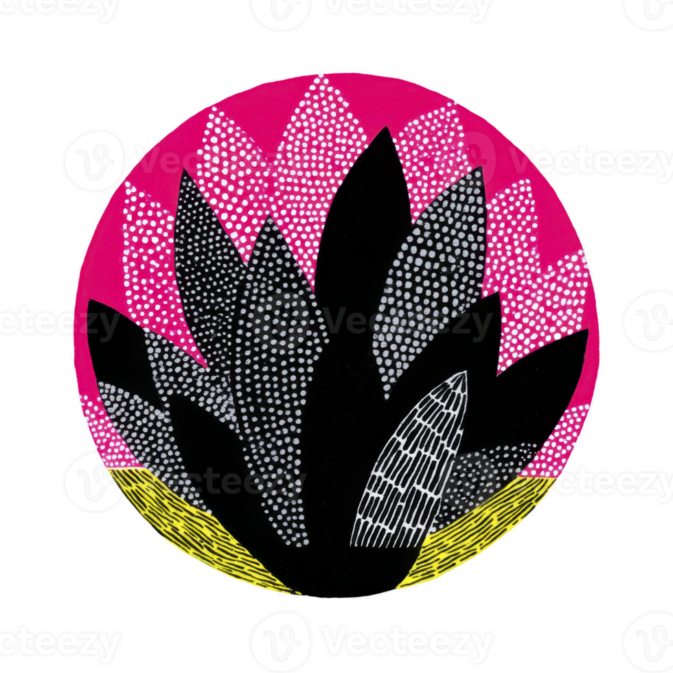 Vibrant abstract illustration featuring circular design with bold pink, black, and yellow colors. pattern includes dotted and lined textures, creating dynamic and artistic composition png