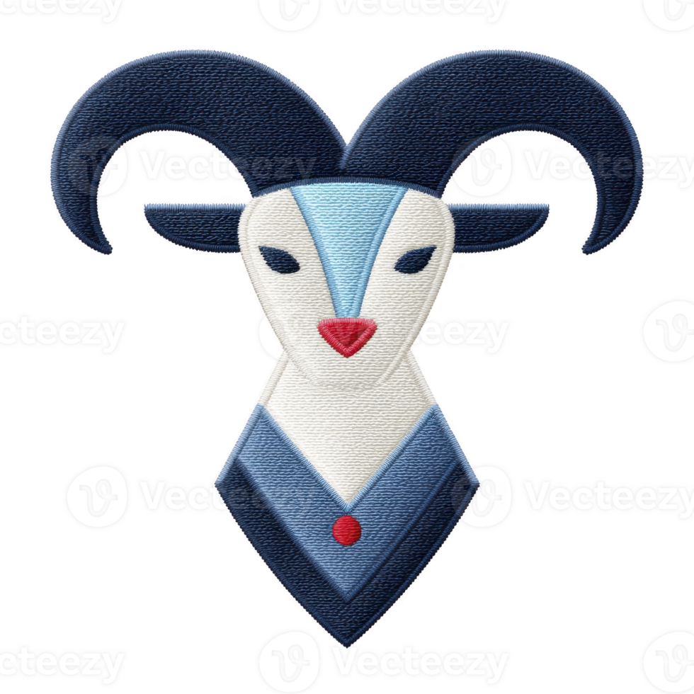 This features stylized, embroidered goat head with large curved horns, blue and white color scheme, and red nose, creating modern and artistic design png