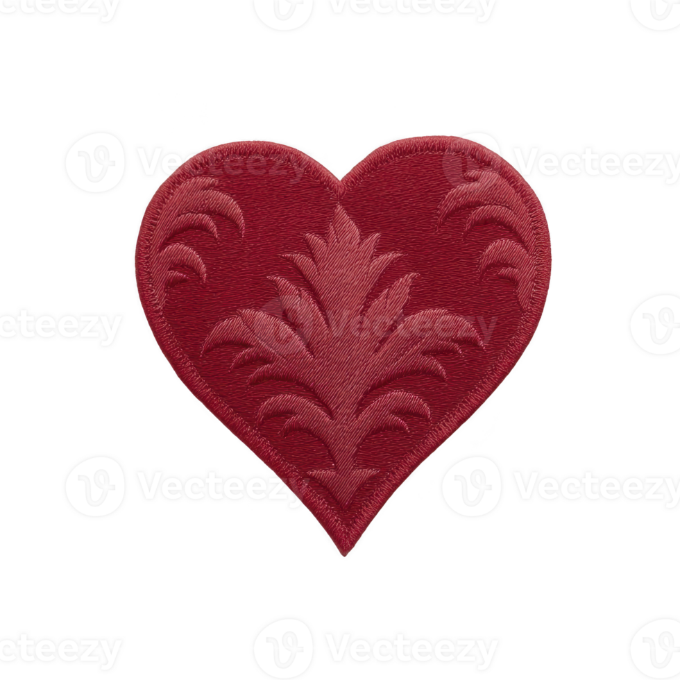 Red embroidered heart patch with intricate floral patterns, symbolizing love and affection. design features elegant stitching, making it ideal for clothing decoration or crafts png