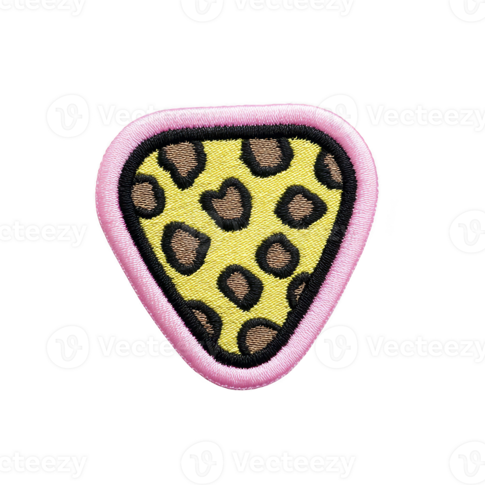 Vibrant embroidered patch features leopard print design with pink border, creating playful and stylish accessory. patch is shaped like guitar pick, adding unique touch.leopard print patch with png