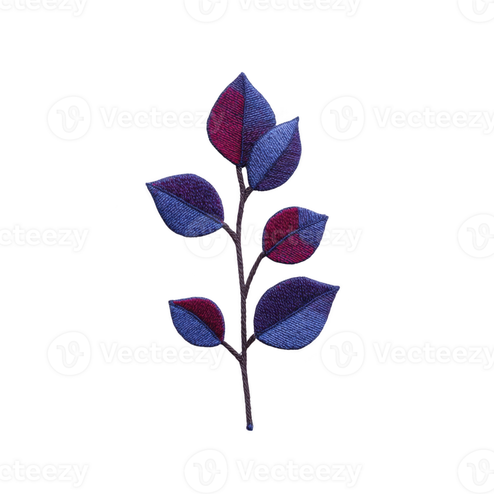 Vibrant embroidered patch features stylized branch with blue and purple leaves, showcasing intricate stitching and modern design. Perfect for adding touch of color to clothing or accessories png