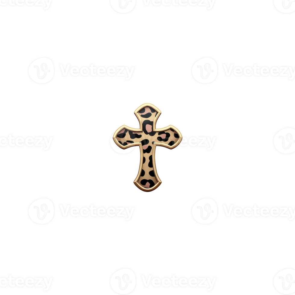 Gold cross with leopard print design stands out against transparency background, combining elegance with touch of wild style. intricate pattern adds unique flair to classic symbol png