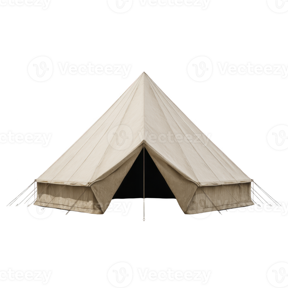 Large beige canvas tent with triangular entrance and multiple ropes for stability, ideal for camping or outdoor events. tent design is simple yet functional png