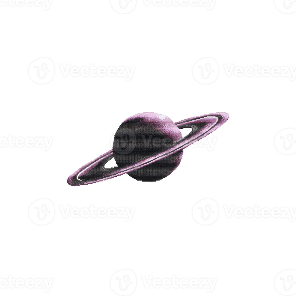 Digital illustration of stylized planet with rings, resembling Saturn, in shades of purple and black, set against transparent background. design is simple and modern png