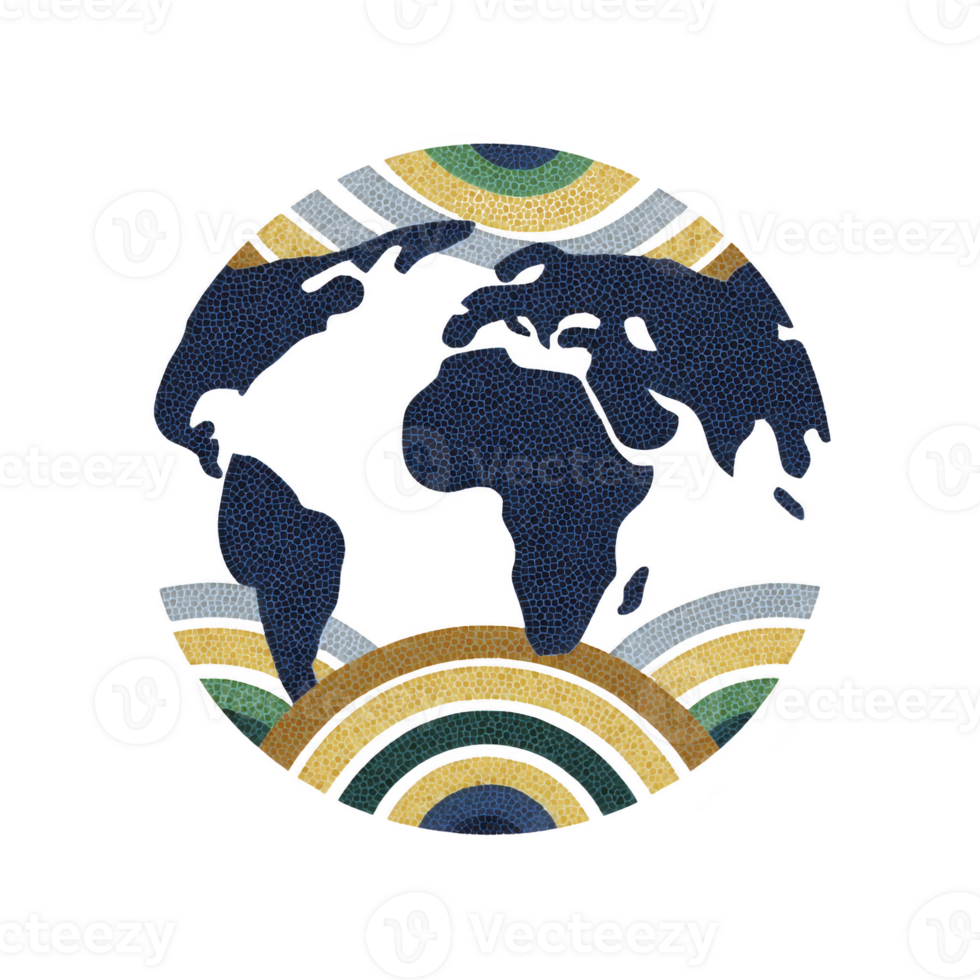 Stylized illustration of Earth with abstract, colorful patterns surrounding it, featuring blue continents and multicolored arcs. design is artistic and vibrant, evoking sense of global unity png