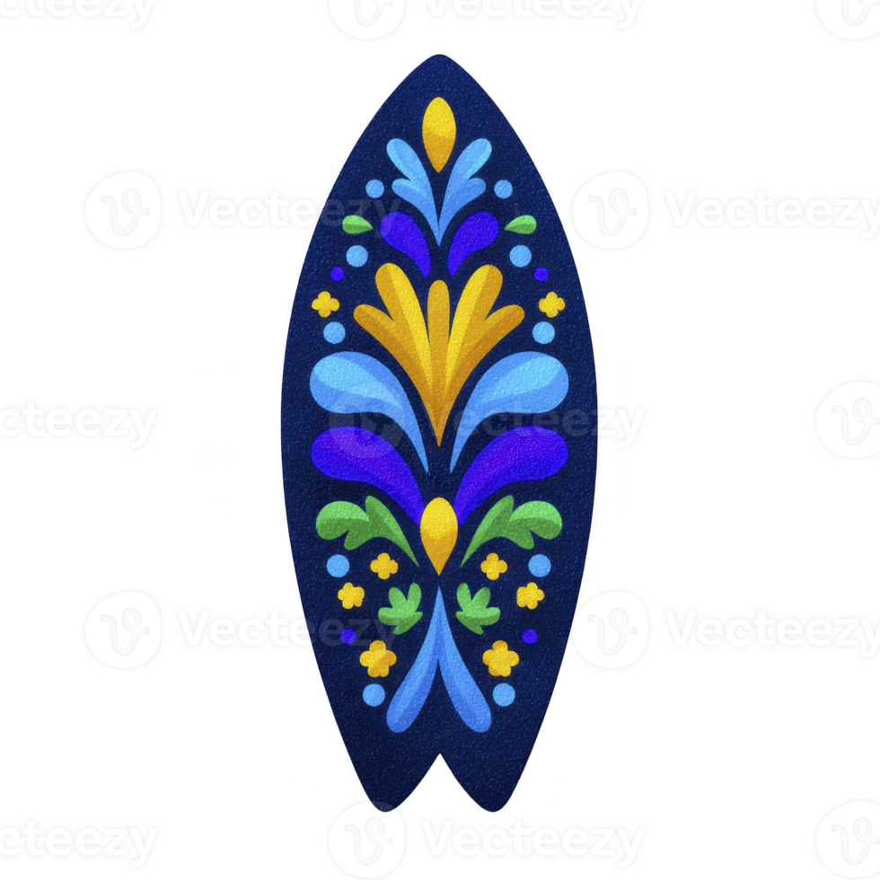 Vibrant surfboard design features symmetrical floral pattern with blue, yellow, and green elements on transparency background, creating lively and artistic appearance png