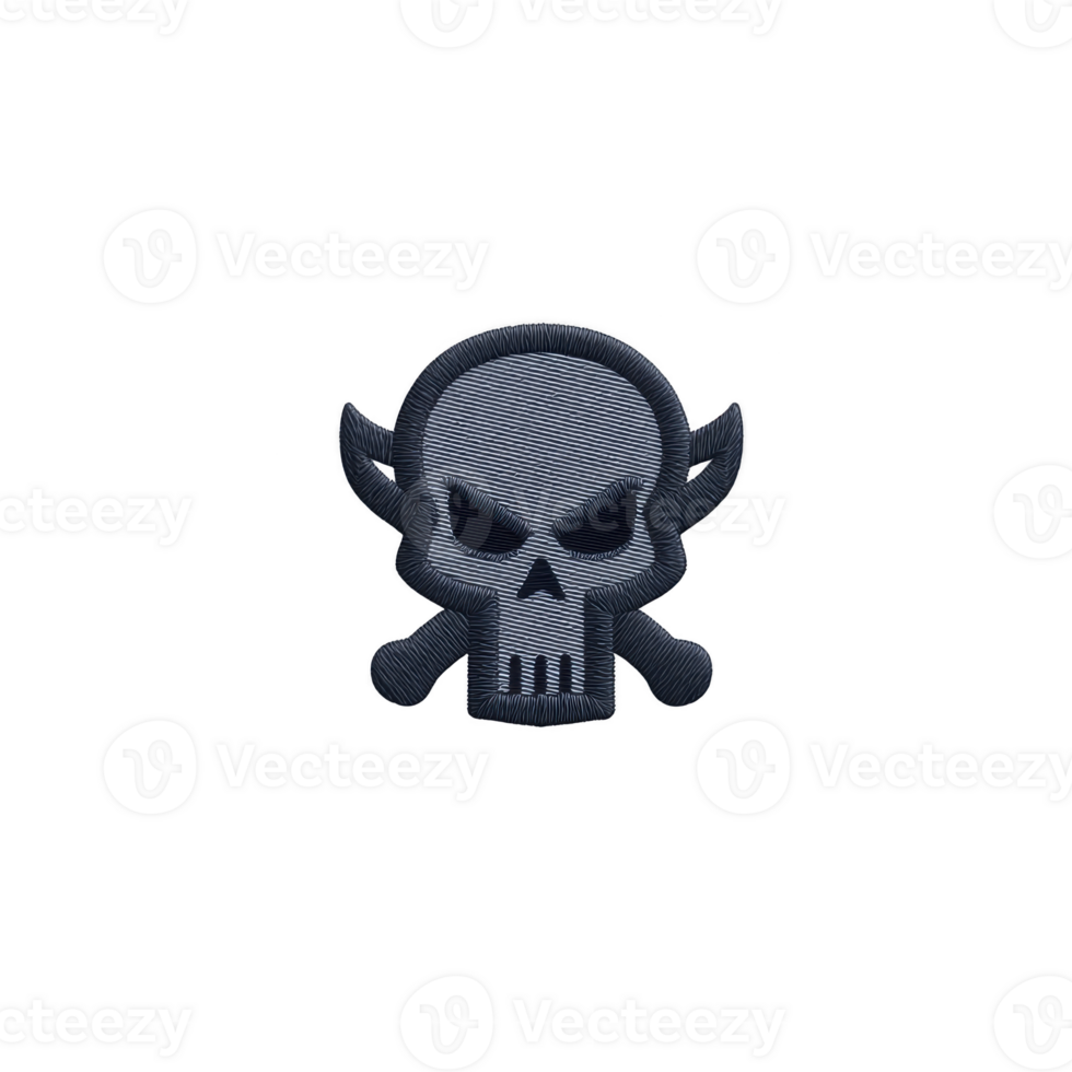 Dark, embroidered skull and crossbones patch with wings, set against plain background, conveys sense of edginess and rebellion. design is simple yet striking, ideal for clothing or accessories png