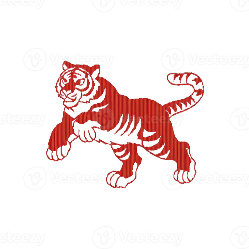 Red tiger illustration with bold, dynamic pose on transparency background, showcasing strength and power. design features intricate line work and stylized appearance png