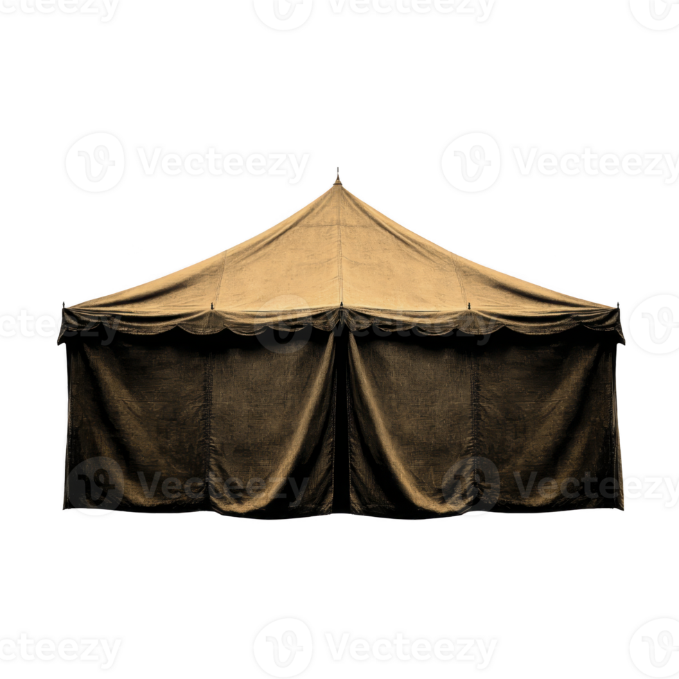 Large, vintage style canvas tent with pointed roof and draped sides, evoking sense of adventure and nostalgia. tent is set against plain background png