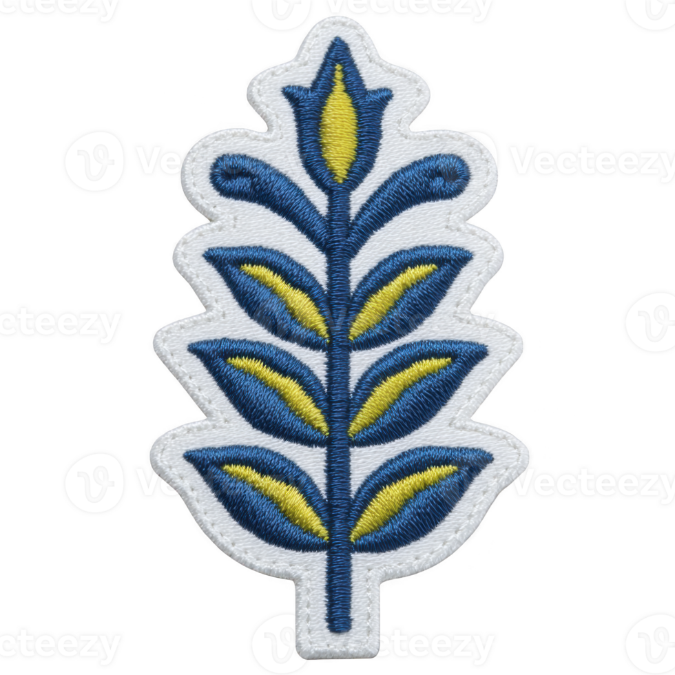 This shows embroidered patch with stylized leaf design blue and yellow transparency background. patch features symmetrical pattern with central stem and leaves branching out.embroidered patch with png