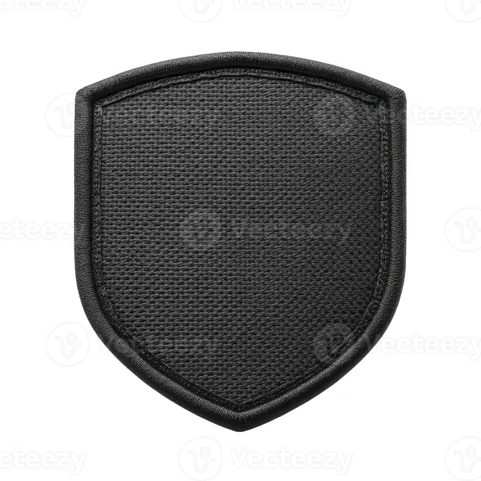 Black fabric shield patch with textured surface, suitable for customization or embroidery. patch has simple, classic design, making it versatile for various applications png