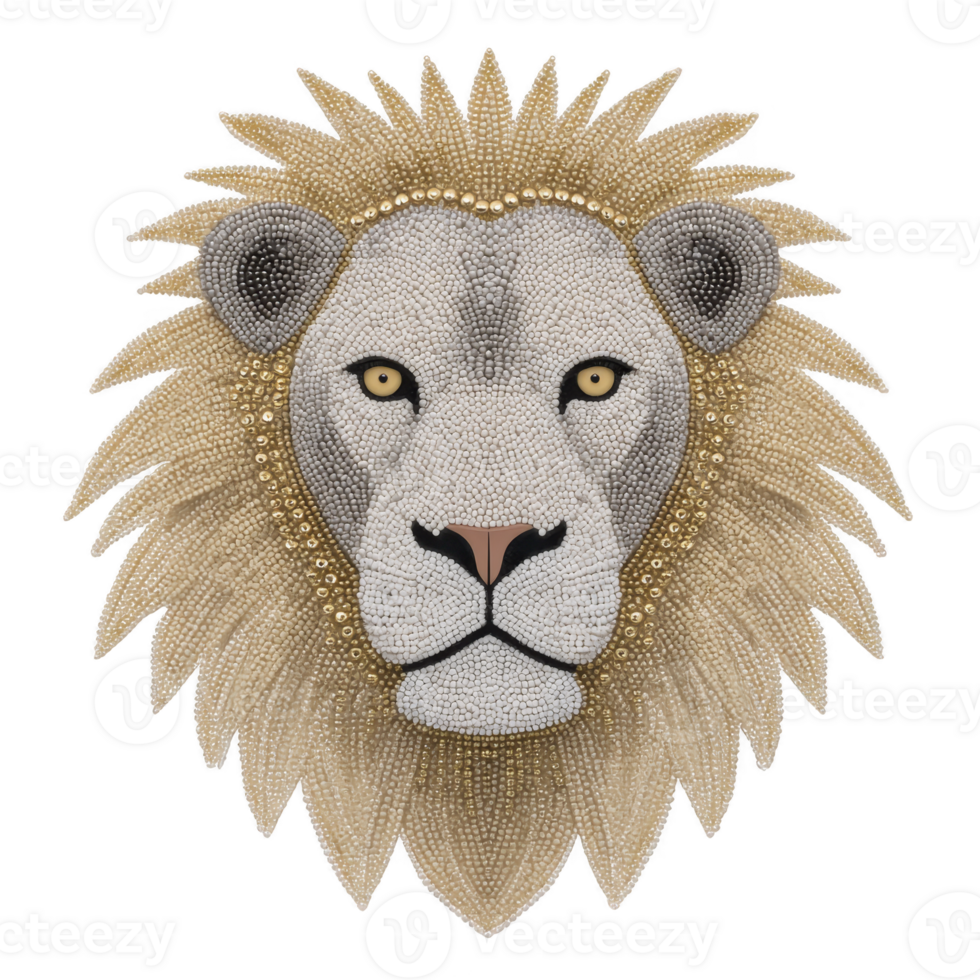 Detailed illustration of lion face is created using intricate beadwork, showcasing majestic and regal expression. beads form lion mane and facial features with precision png