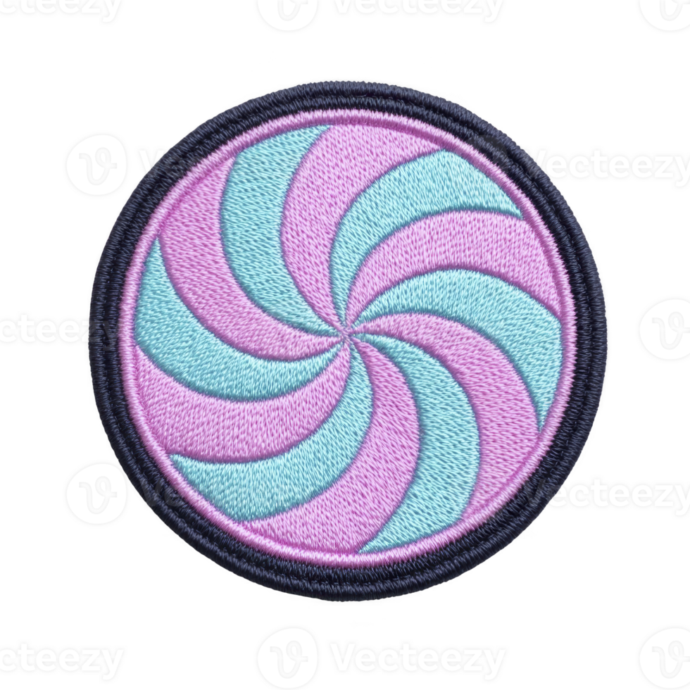 This features circular embroidered patch with spiral pattern pink and blue, bordered by black edge. design is reminiscent of pinwheel or hypnotic swirl, creating visually striking effect png