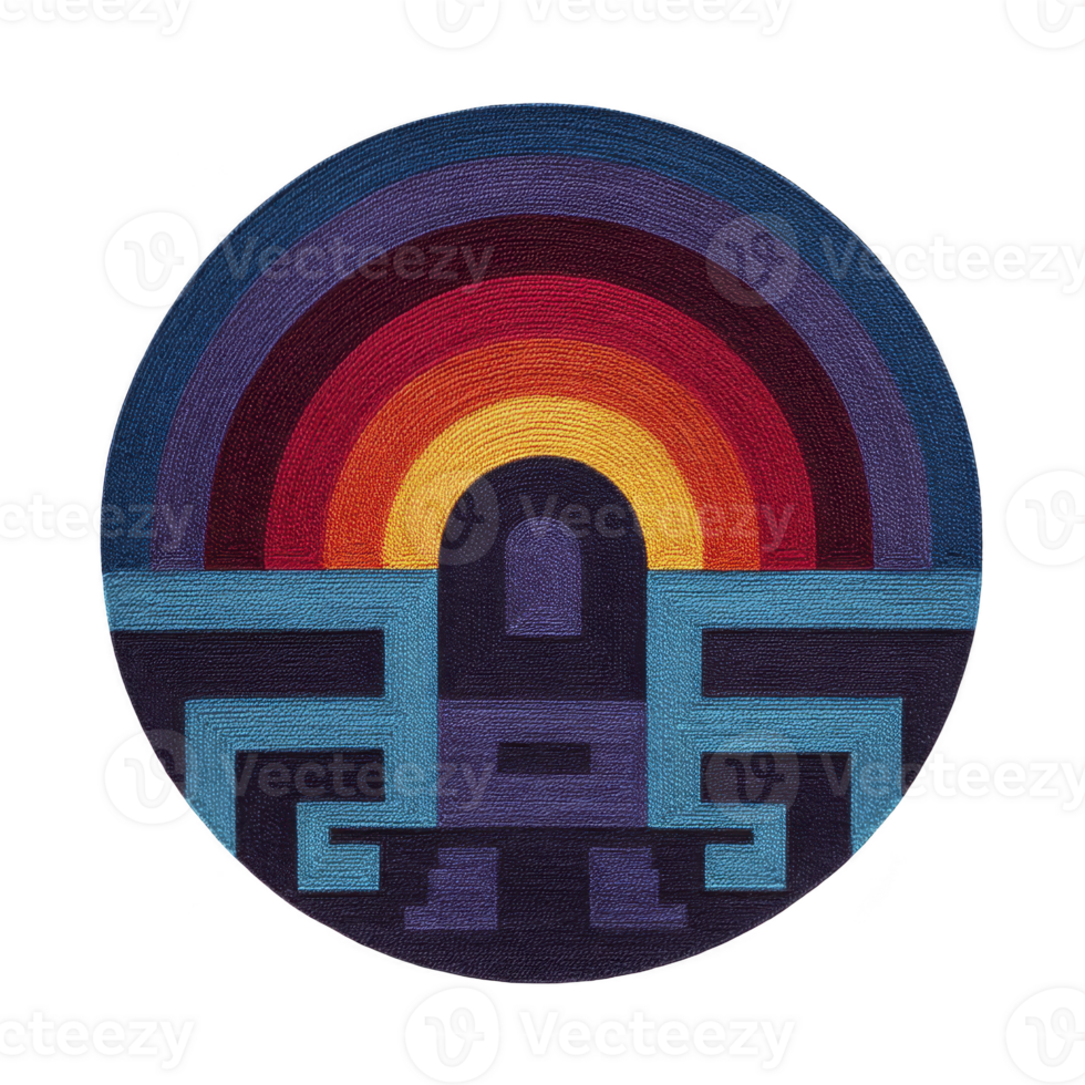 Vibrant circular textile art piece features geometric design with rainbow gradient, incorporating shades of red, orange, yellow, blue, and purple. pattern is symmetrical and abstract png