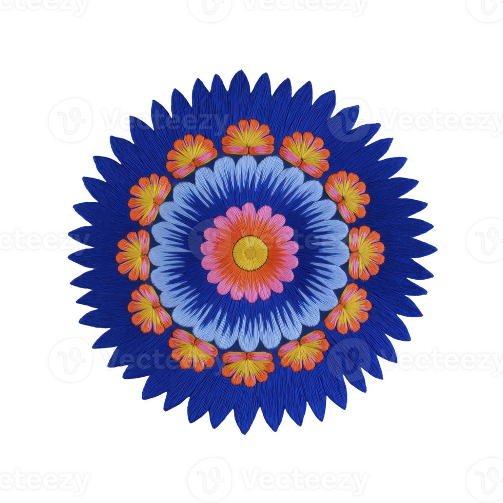 Vibrant mandala design featuring concentric circles of colorful petals, with central pink flower surrounded by blue and orange floral patterns, creating harmonious and symmetrical artwork png