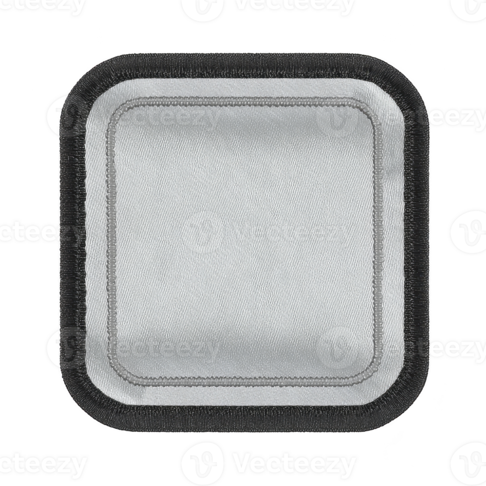 Square, reflective fabric patch with black border, designed for visibility and safety. patch has smooth texture and is suitable for clothing or accessories, enhancing nighttime visibility png