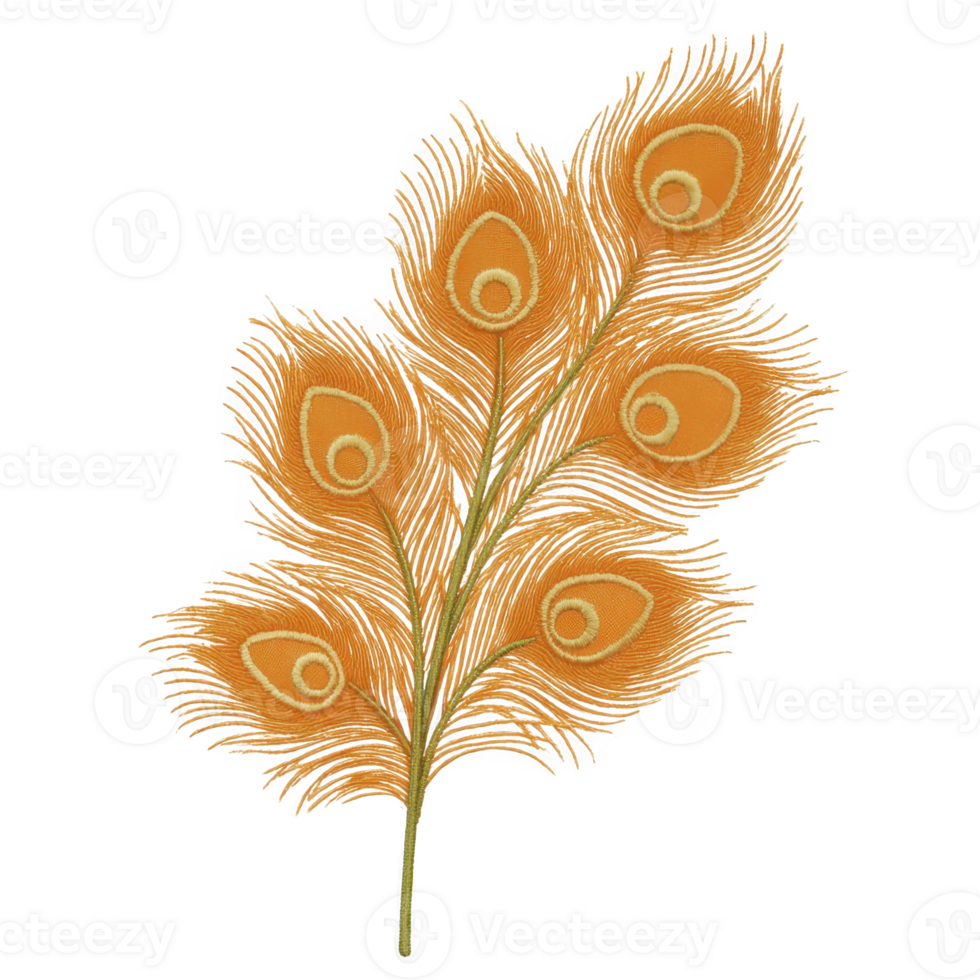 Vibrant illustration of golden peacock feather with intricate details and eye catching patterns, symbolizing elegance and beauty. feather design is both artistic and decorative png