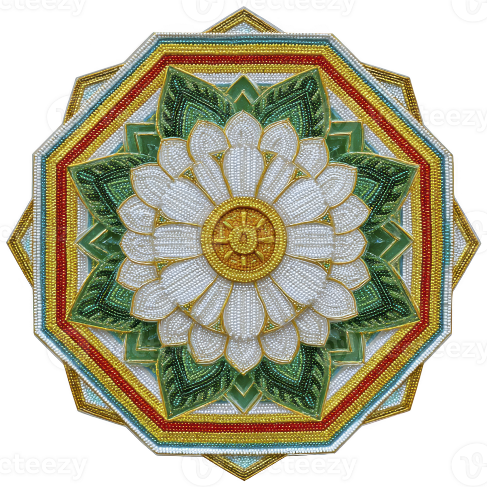 Vibrant mandala design featuring central white flower with intricate green leaves and geometric patterns, surrounded by layers of colorful borders in yellow, red, and green png