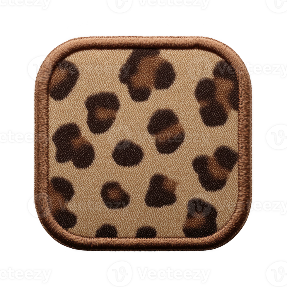 Square patch with leopard print design featuring brown and black spots on tan background, bordered with brown stitching, evokes wild and stylish aesthetic png