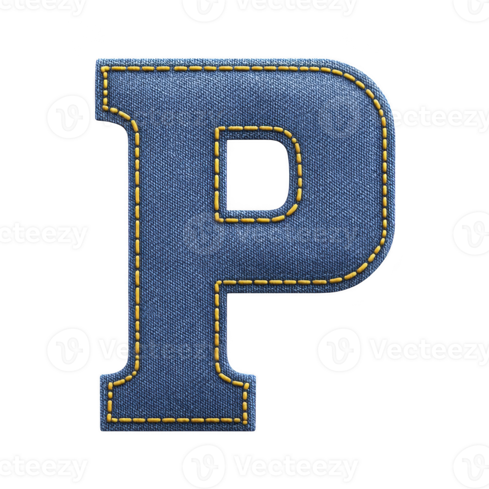 Bold letter P designed with denim texture and yellow stitching stands out against transparency background, creating stylish and modern look png