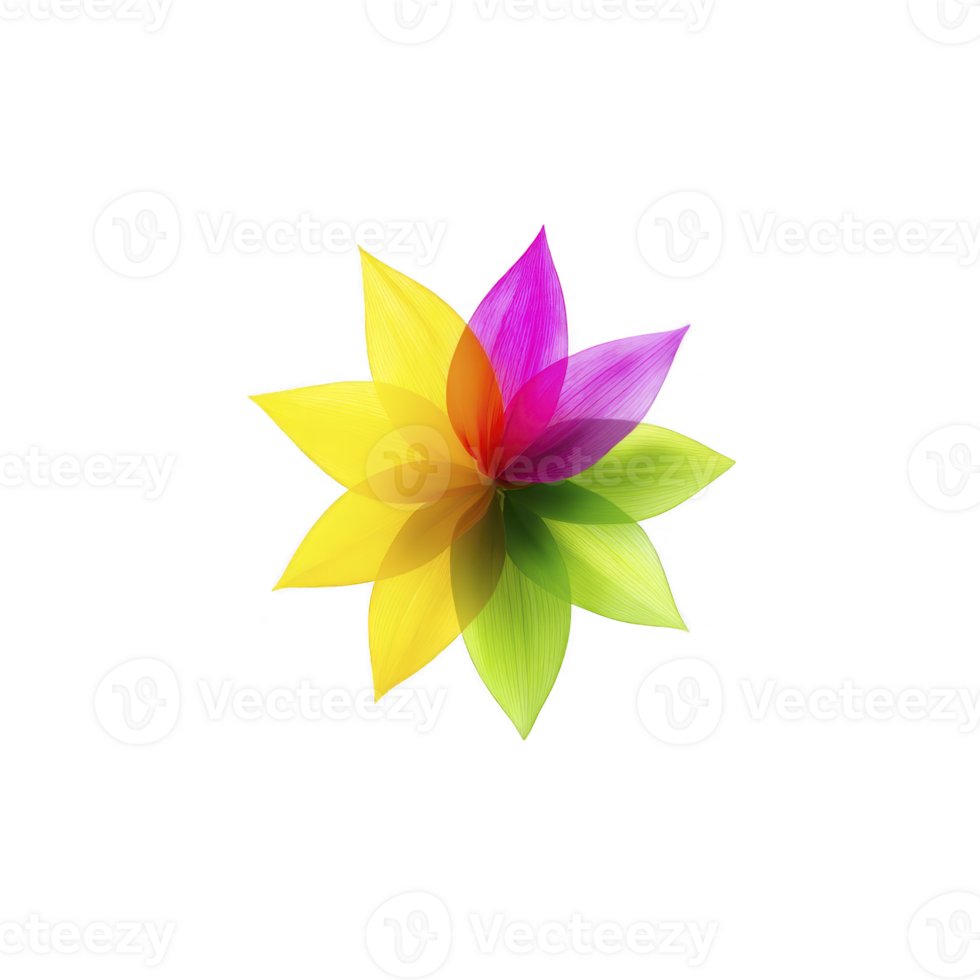 Vibrant, multicolored abstract flower with overlapping translucent petals creates striking visual against transparency background. design is symmetrical and radiates sense of harmony png