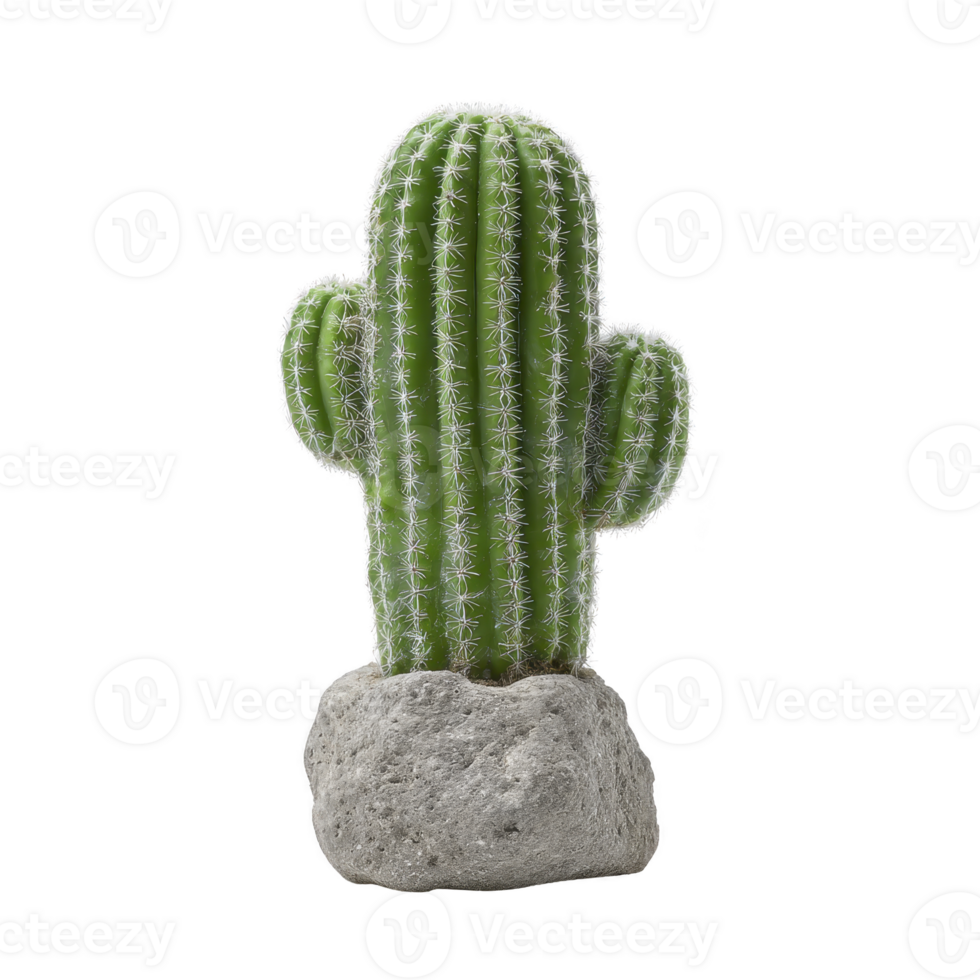 Vibrant green cactus with spines stands upright in textured stone pot, isolated on transparency background. cactus has classic shape with two arms, evoking desert landscape png