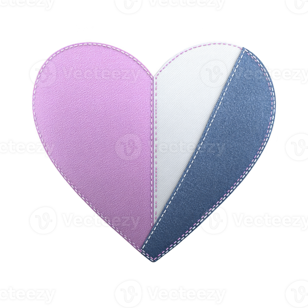 Heart shaped design features patchwork of pastel colors, including pink, white, and blue, with visible stitching. texture resembles fabric, creating soft and inviting appearance png