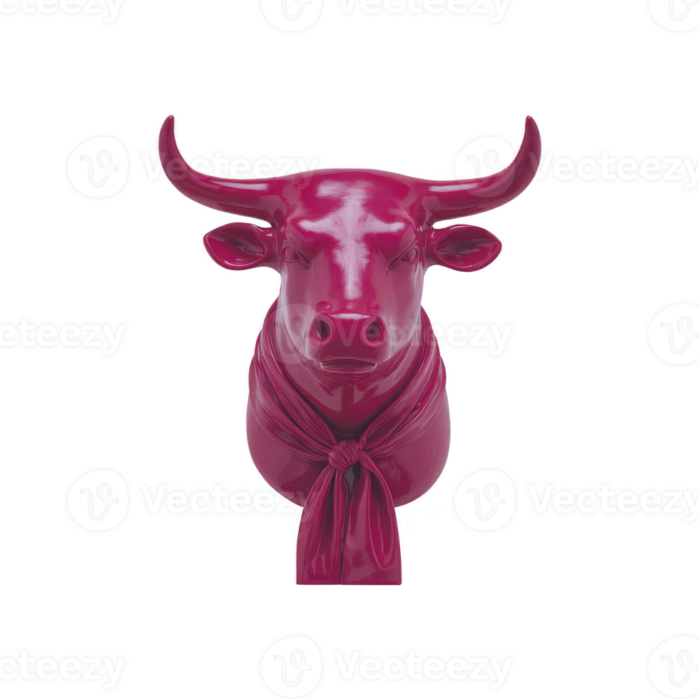 Vibrant pink bull head sculpture with scarf exudes bold and artistic flair, showcasing modern design and creativity. glossy finish adds contemporary touch to piece png