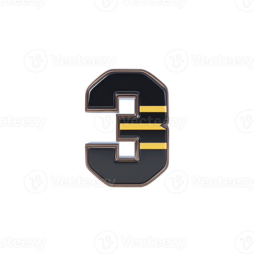 Metallic number three with sleek design features dark gray surface and two horizontal gold stripes, creating modern and stylish appearance png