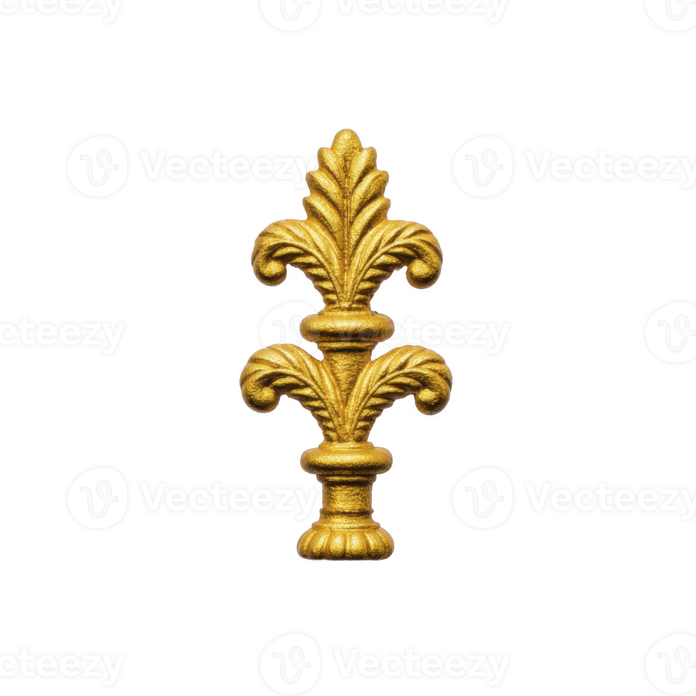 Golden fleur de lis emblem with intricate detailing, symbolizing elegance and tradition, set against plain background. design features stylized lily with symmetrical pattern png