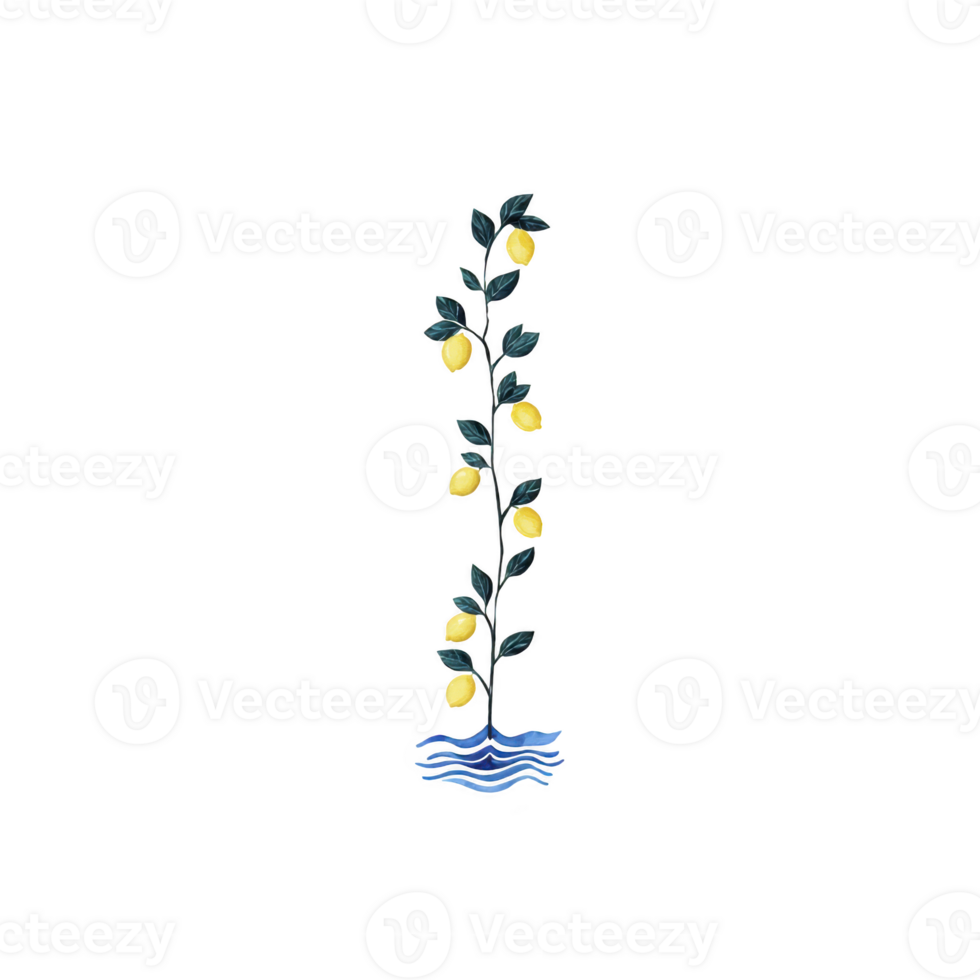 Tall, slender lemon tree with vibrant yellow lemons and lush green leaves stands above stylized blue waves, creating whimsical and artistic representation of nature png