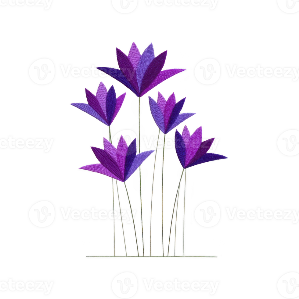 Purple and blue stylized flowers with long stems create vibrant and artistic floral design. petals are layered, giving textured and dimensional appearance, perfect for decorative use png