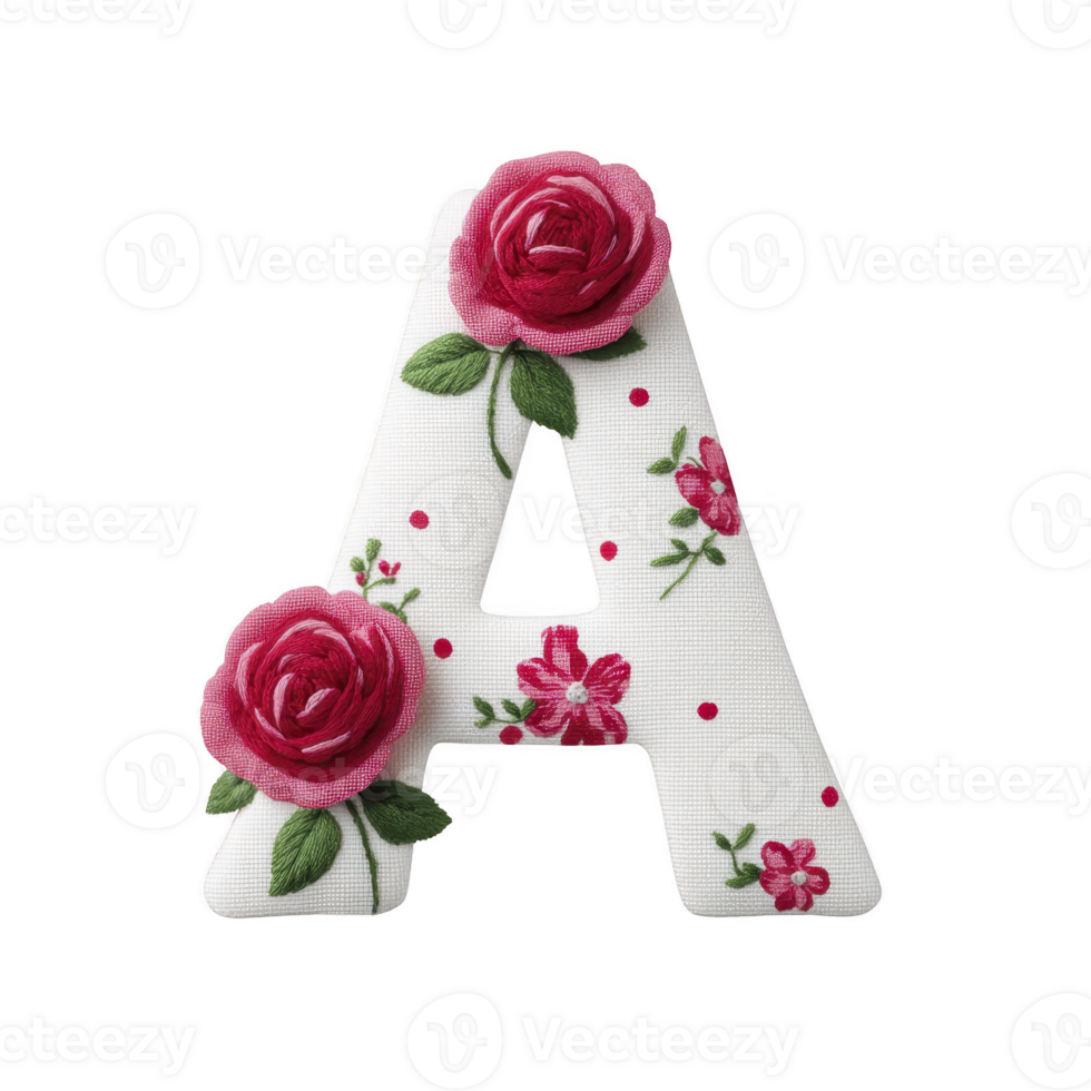Decorative letter adorned with embroidered pink roses and floral patterns, creating charming and artistic design. intricate details and vibrant colors add elegance to letter png