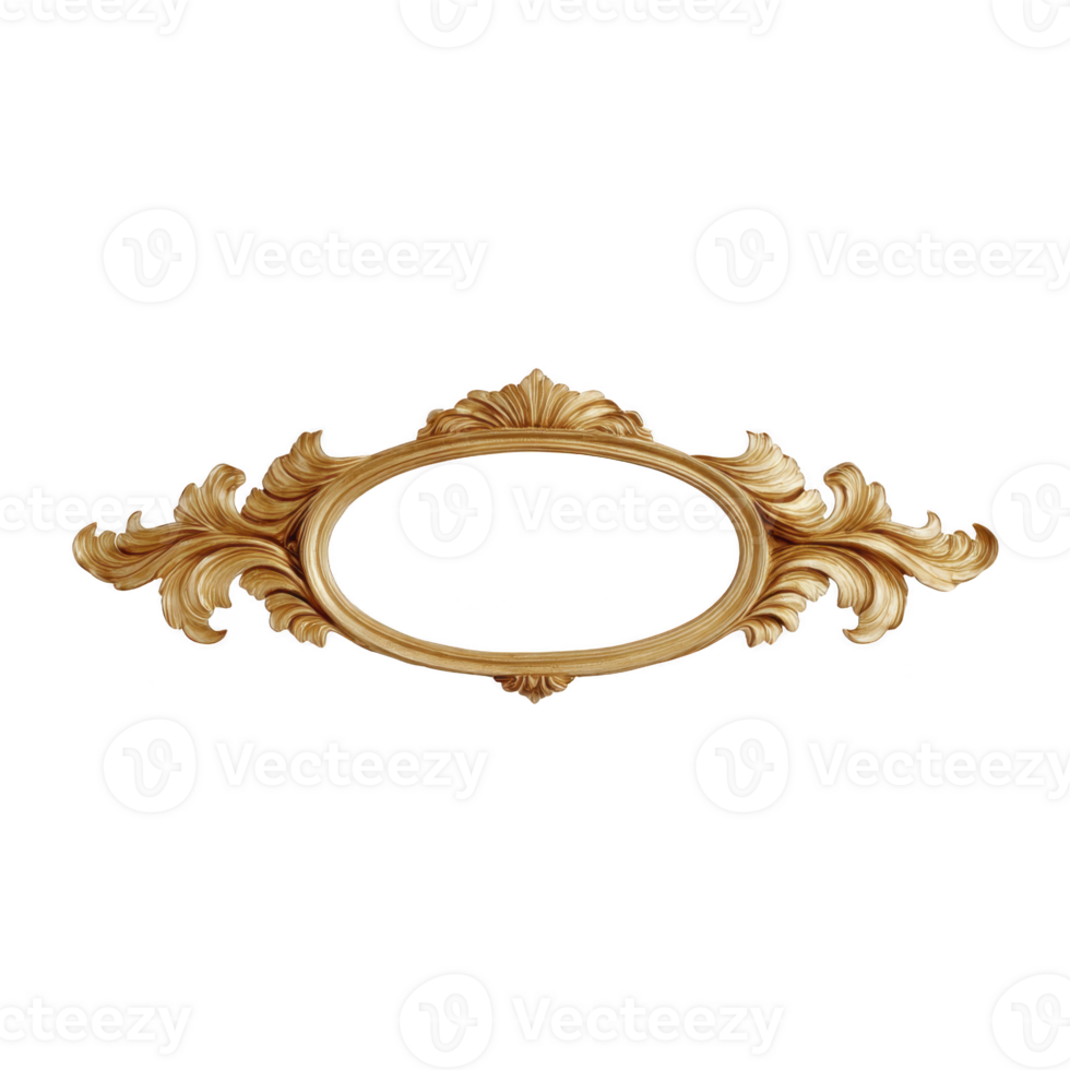 Ornate, oval shaped golden frame with intricate floral designs, perfect for adding touch of elegance to any artwork or photograph. frame detailed craftsmanship exudes classic and luxurious feel png