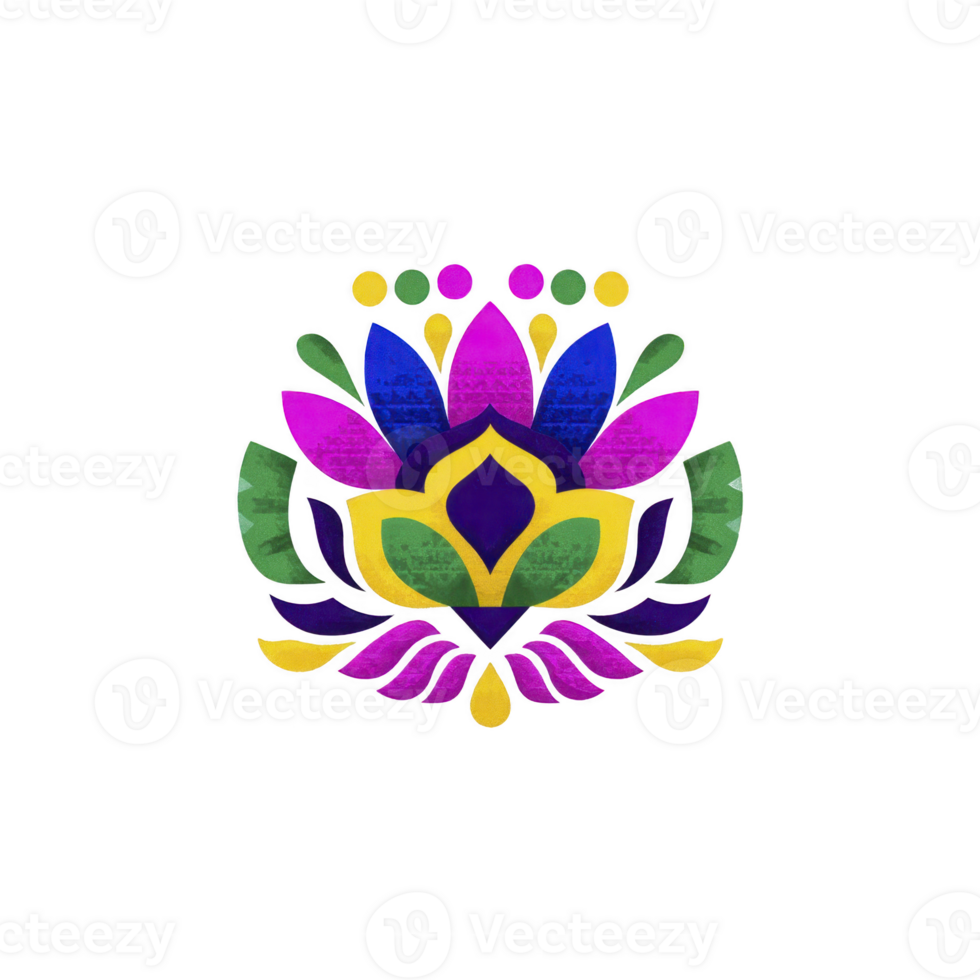Vibrant, colorful lotus flower design with intricate patterns and symmetrical layout, featuring shades of purple, green, and yellow, symbolizing peace and balance png