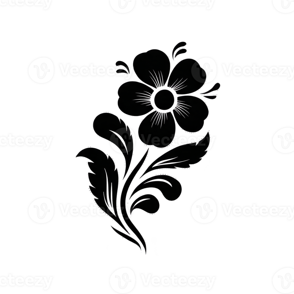 Simple black floral silhouette design features single flower with leaves, creating elegant and minimalistic look. design is suitable for various decorative purposes png