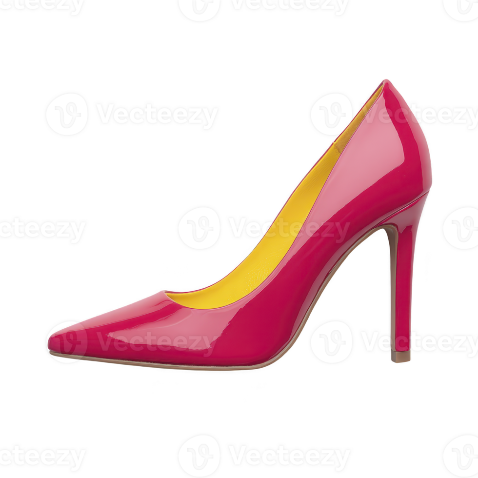 Vibrant pink high heeled shoe with glossy finish and pointed toe, featuring contrasting yellow interior. elegant design is perfect for formal occasions or stylish events png