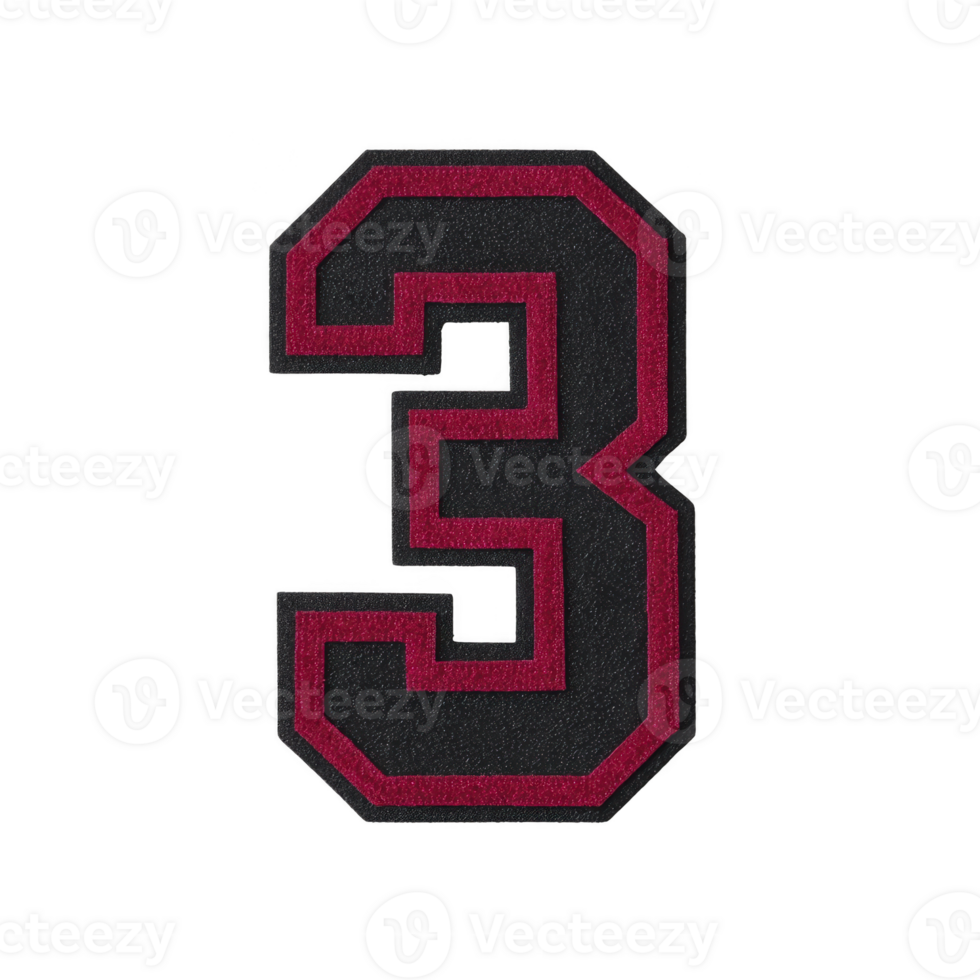 Image shows bold, black number three with red outline on transparency background. design is simple and striking, often used in sports jerseys or as decorative element png