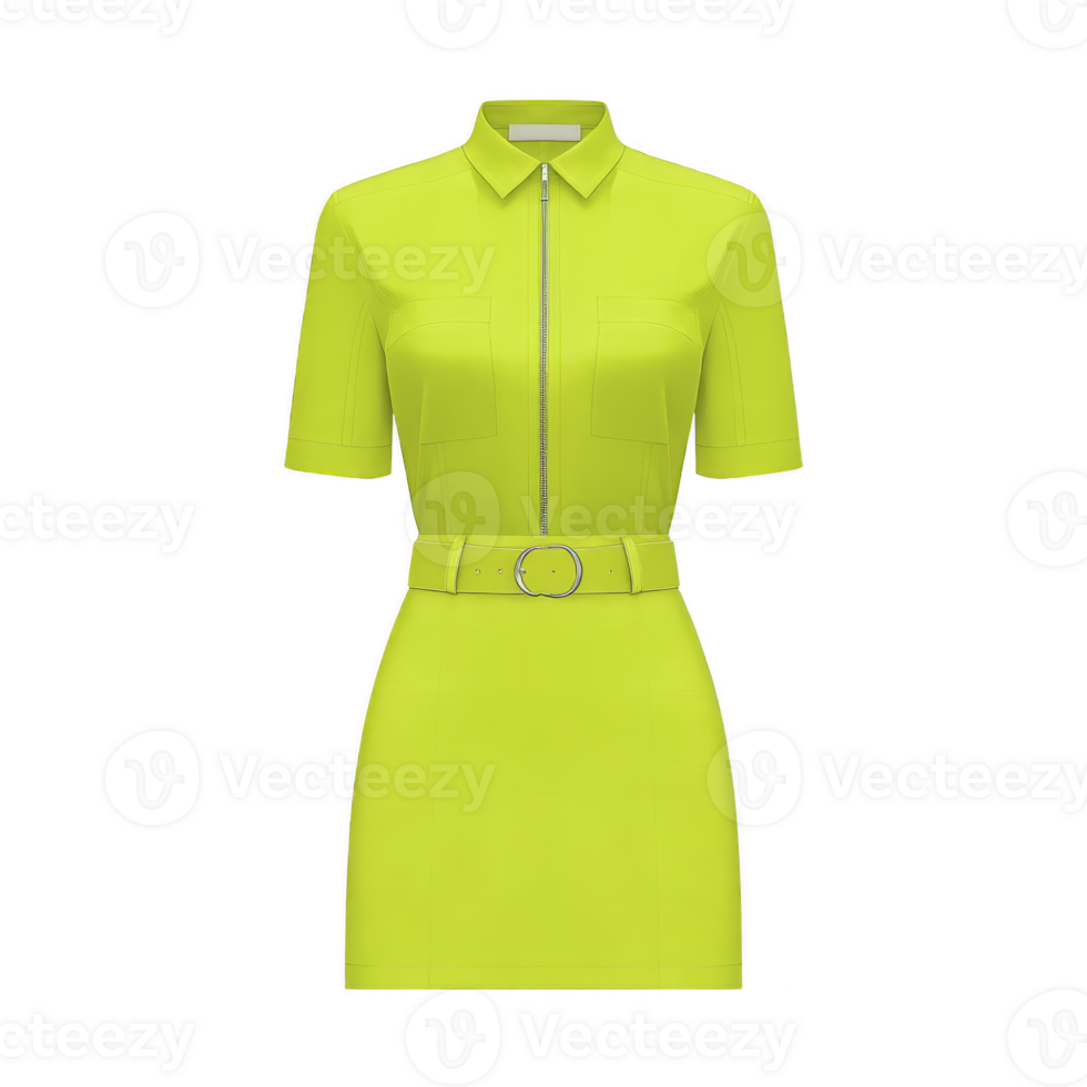 Vibrant yellow short sleeve dress with front zipper and matching belt, featuring collared neckline and two chest pockets, exudes modern and stylish look png