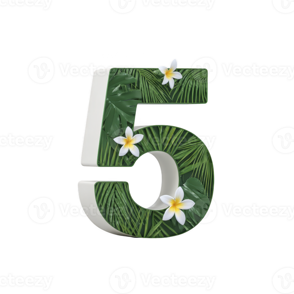 Image features 3D number five adorned with tropical leaves and white flowers, creating fresh and natural look. design is vibrant and eye catching png