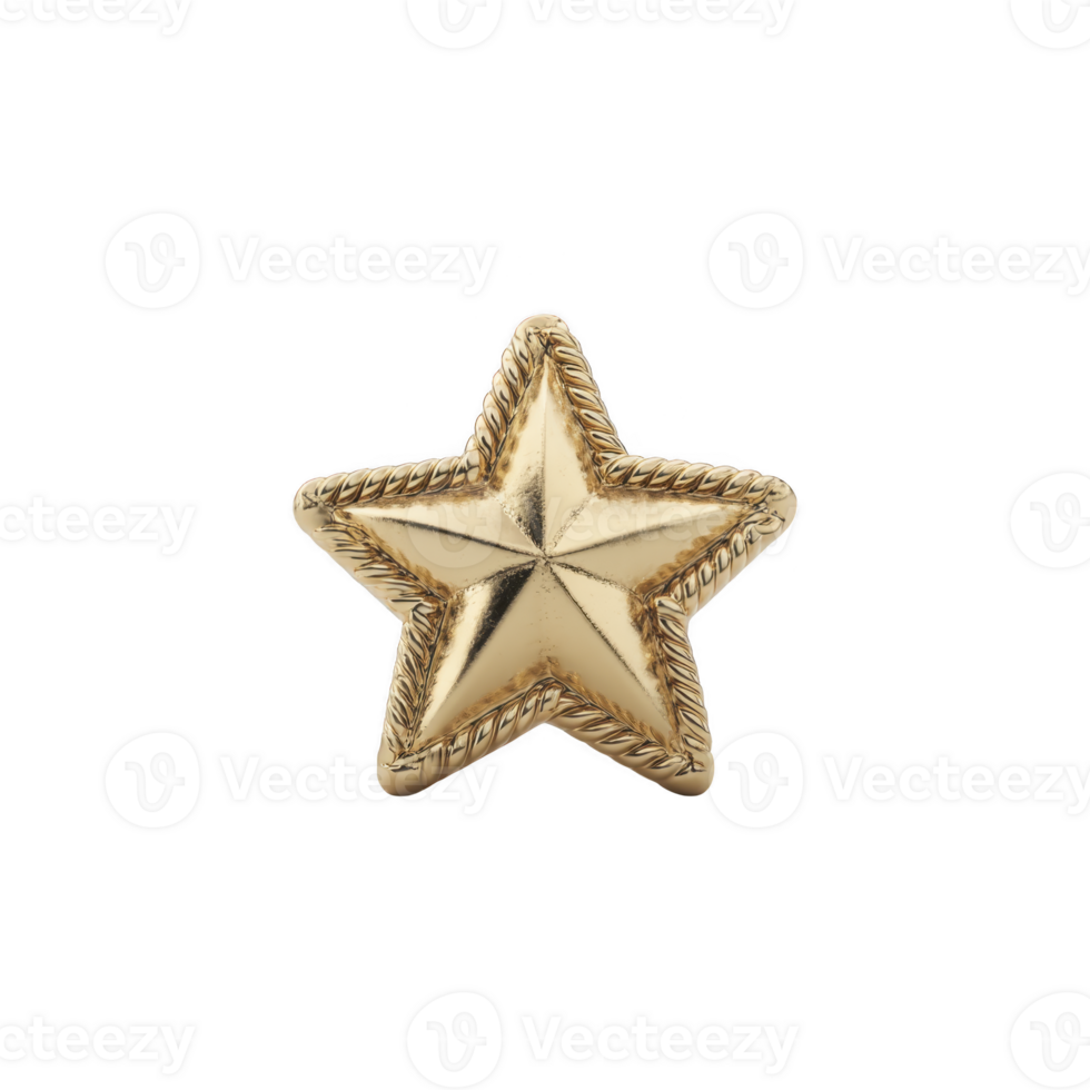 Shiny gold star with textured border, symbolizing achievement and excellence, is displayed against plain background. star metallic finish adds touch of elegance and prestige png