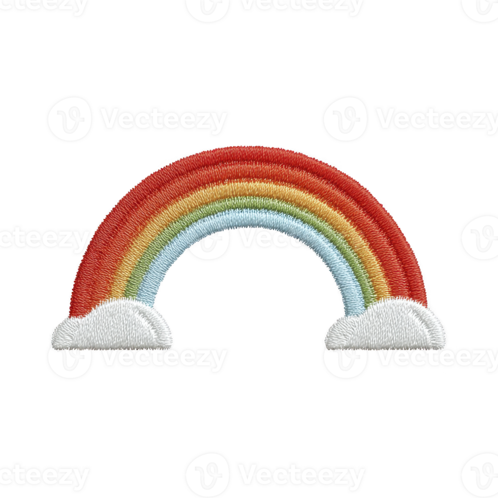 Colorful embroidered rainbow patch with vibrant stripes and fluffy white clouds each end, set against plain background. cheerful design is perfect for adding playful touch to clothing png