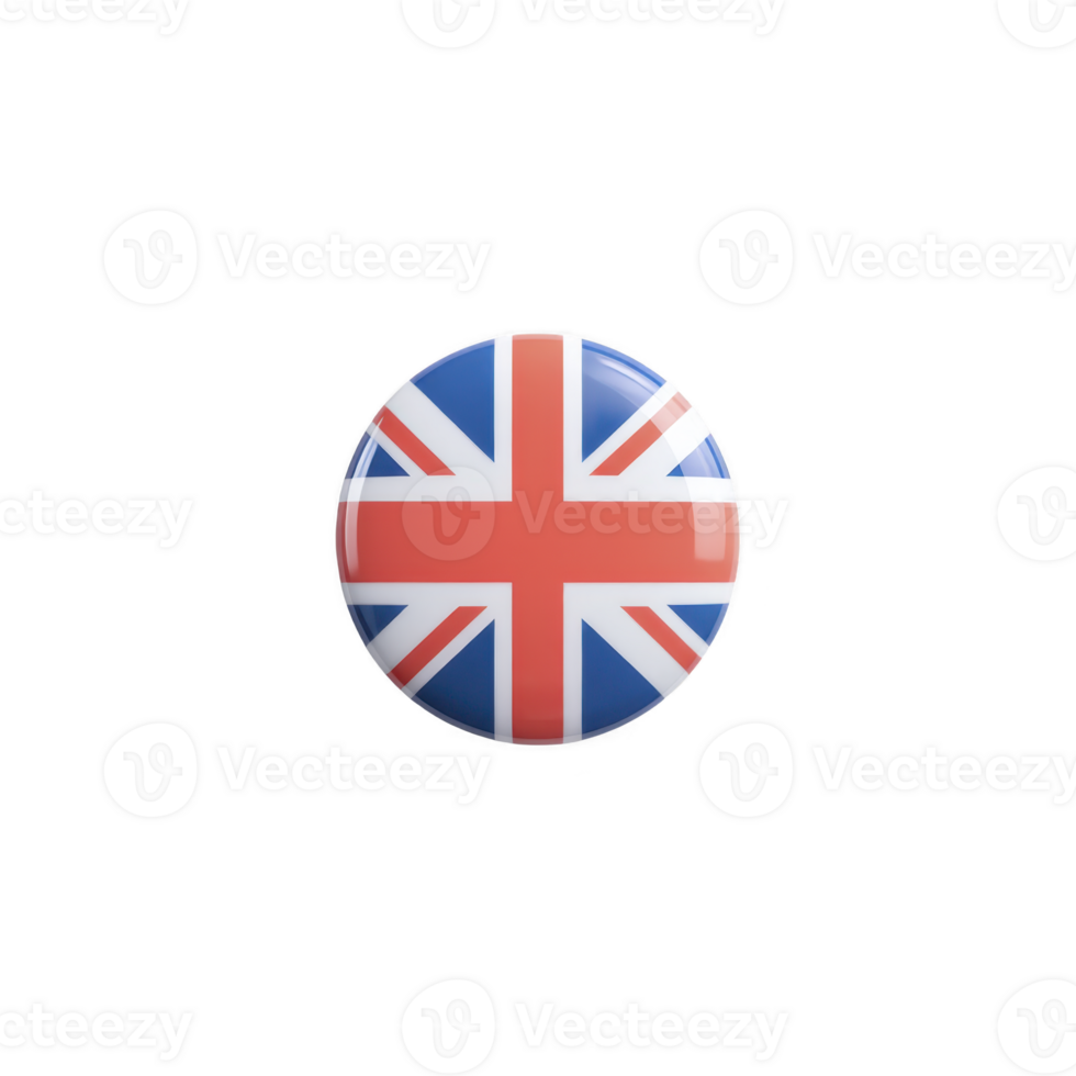 Round badge featuring Union Jack flag of United Kingdom, symbolizing British identity and patriotism. badge has glossy finish and is centered on plain background png