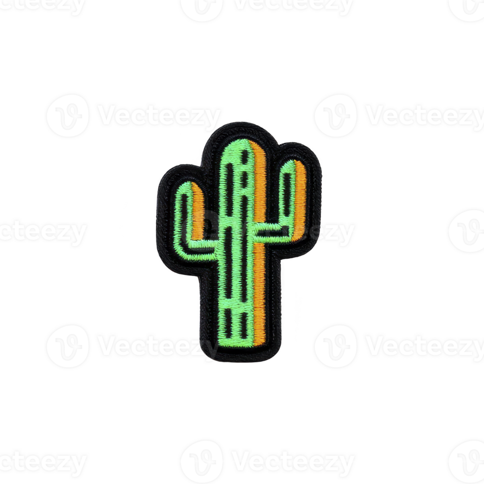 Vibrant embroidered cactus patch with green and orange details on transparency background, perfect for adding touch of desert charm to clothing or accessories png