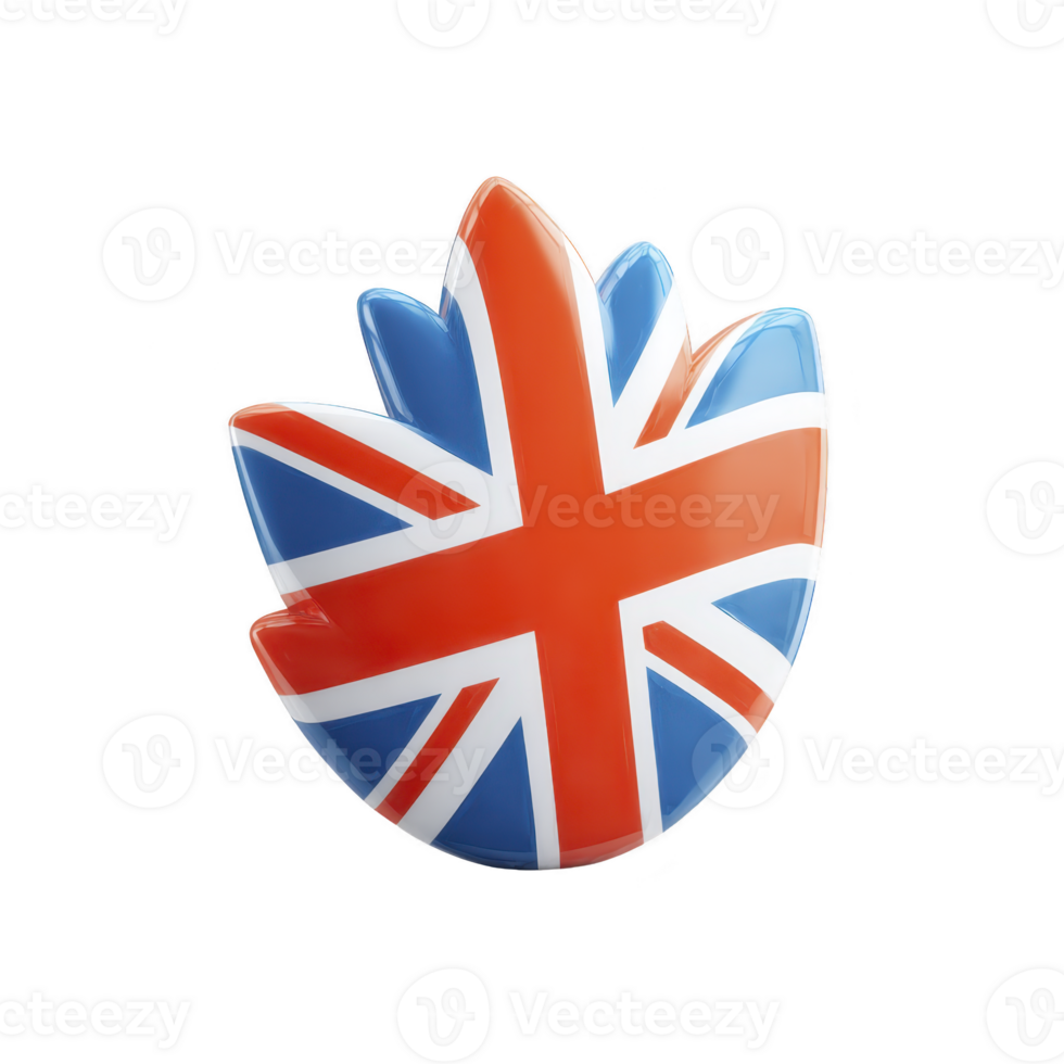 Glossy, stylized leaf shaped object features Union Jack flag design, symbolizing United Kingdom. vibrant red, white, and blue colors create striking and patriotic appearance png