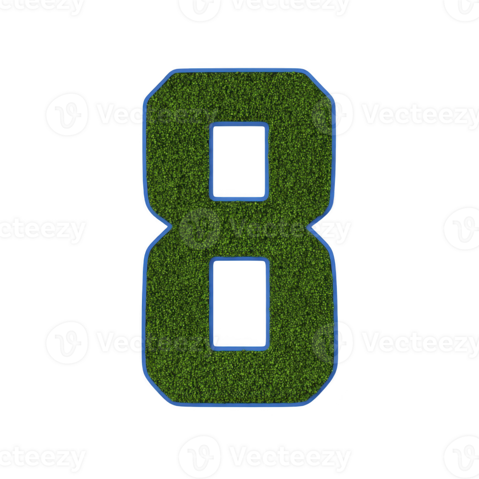 Image shows large, bold number eight with textured green surface resembling grass, outlined in blue. design gives natural and vibrant feel png