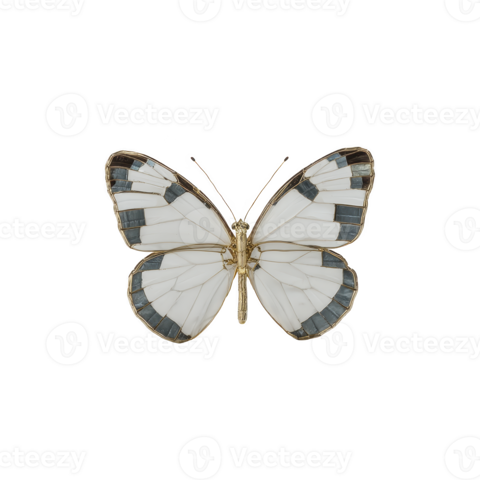 Delicate butterfly with white and black patterned wings is displayed against plain background, showcasing its intricate design and natural beauty png